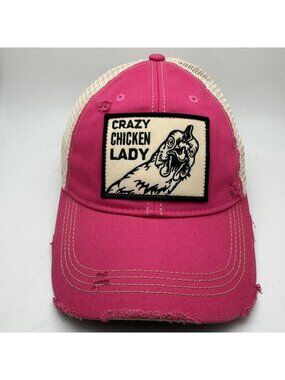 Crazy Chicken Lady Distressed Trucker Hat Pink Tan Mesh Adjustable Cap Headmost